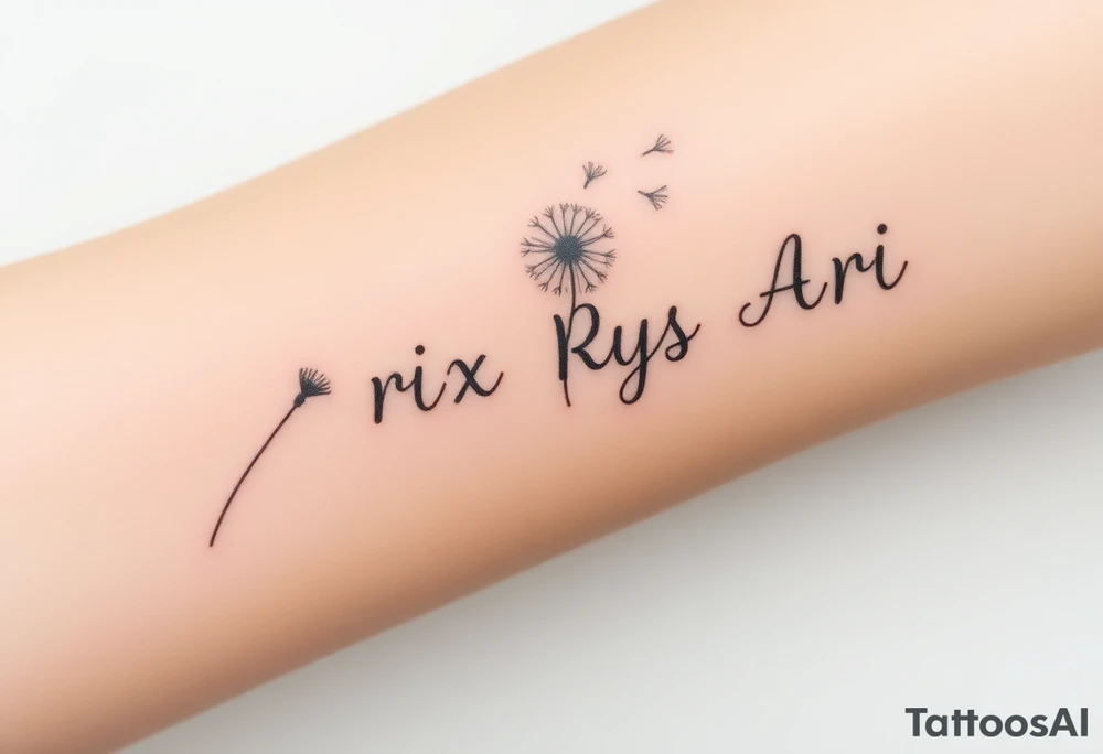 Rix Rys Ari realistic watercolor This image features a delicate dandelion tattoo on a person’s skin, with fine lines and soft shading. The dandelion’s stem extends from the bottom left corner, leading to the detailed flower head, which appears to be dispersing its seeds. The seeds are shown floating away in a natural, wind-swept motion, symbolizing freedom, change, and new beginnings.

The tattoo has a subtle watercolor effect with a gentle pinkish hue around the base of the dandelion, adding depth and softness to the design. The fine-line work gives it a refined and elegant look. tattoo idea
