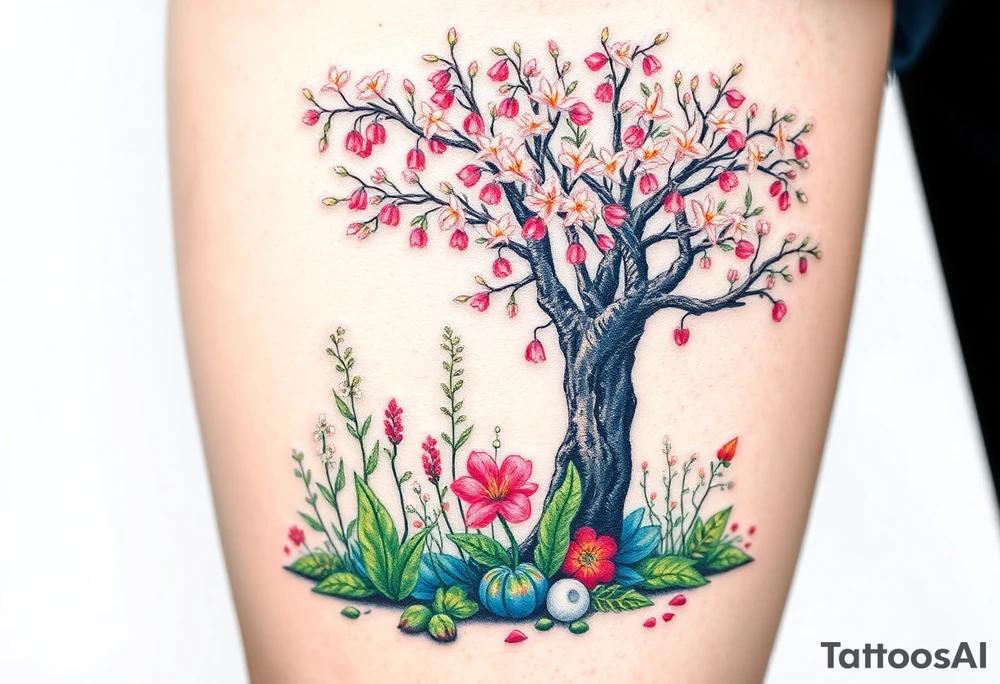 Lilly of the vally plants underneath a blooming hawthorn tree with other colorful plants on ground tattoo idea
