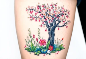 Lilly of the vally plants underneath a blooming hawthorn tree with other colorful plants on ground tattoo idea