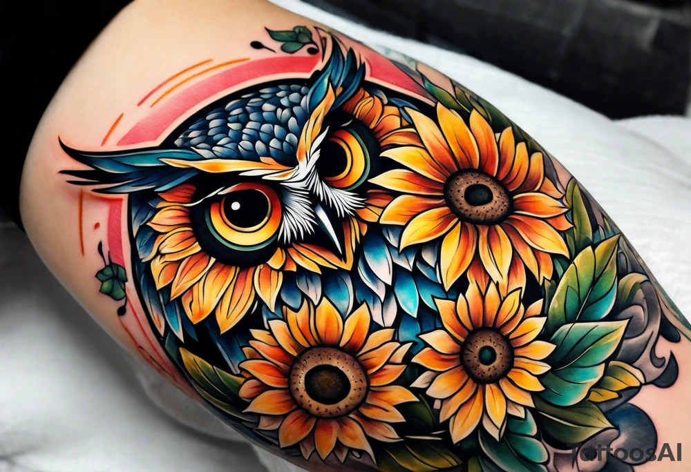 Arm sleeve with colorful sunflowers and an owl tattoo idea