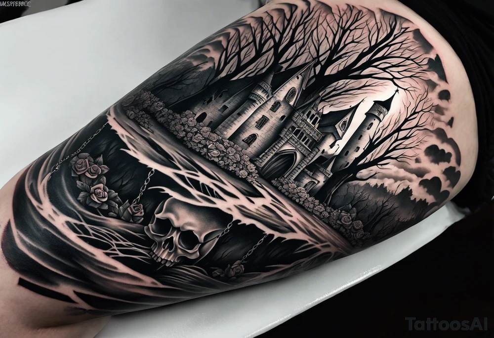 tattoo fool sleeve, destroyed dark gothic castle, tree roots break out of the chains, broken mask, roses tattoo idea