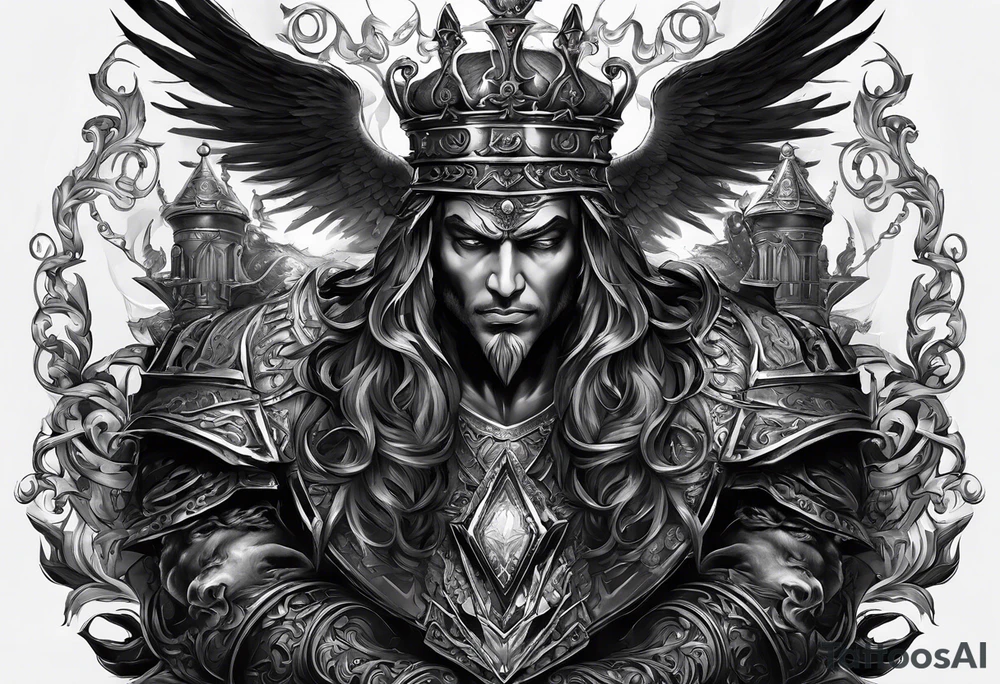 Design a scenario where an angelic piece puts the demonic king in checkmate, signifying the triumph of good over evil in a strategic and symbolic way tattoo idea