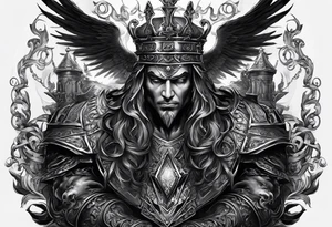 Design a scenario where an angelic piece puts the demonic king in checkmate, signifying the triumph of good over evil in a strategic and symbolic way tattoo idea