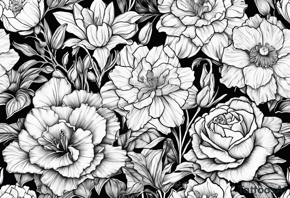 Carnation,rose,daffodil,waterlilly,gladiolus,morning glory,marigold,holly,daisy tattoo idea