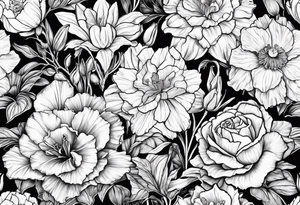 Carnation,rose,daffodil,waterlilly,gladiolus,morning glory,marigold,holly,daisy tattoo idea