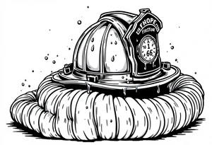 A firefighter’s helmet resting on a coiled fire hose, with water droplets trickling down and subtle reflections in the brass nozzle. tattoo idea