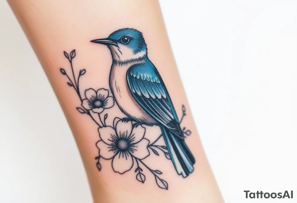 Bluebird with flowers tattoo idea
