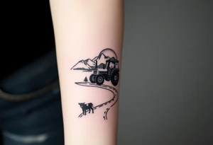 mountain, road, vantage tractor, cow, sunset tattoo idea