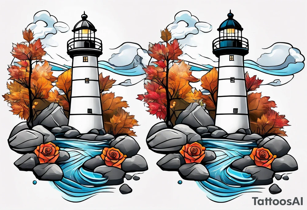 thigh tattoo in fall colors, showing lighthouse, water flow, rocks, sky, clouds, leaves, roses tattoo idea