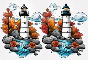 thigh tattoo in fall colors, showing lighthouse, water flow, rocks, sky, clouds, leaves, roses tattoo idea