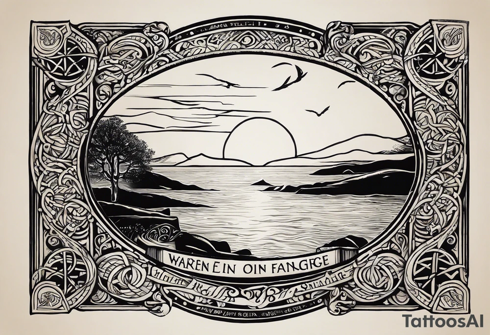 Design me a tattoo for an upper left arm half sleeve, with the script "Áit éigin taobh thall den farraige, áit éigin ag fanacht dom" and to be over a coast scene from the beach at warrenpoint in northern ireland. Make it in the style of Viking design incorporated into the design with a rune, but the text is a must tattoo idea
