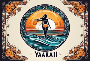 a a simple easily drawn logo for a bikini brand called Yaraí. Simple logo and unique design symbolizing the meaning "lively waters" . Spiral included in the logo tattoo idea