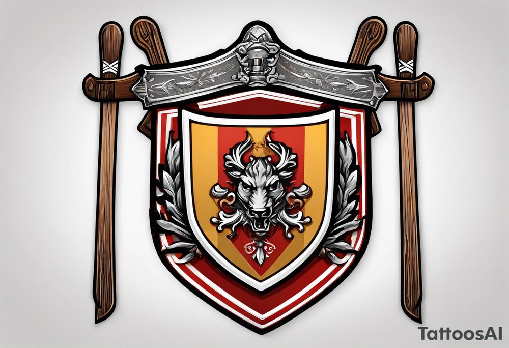 Swanson coat of arms on a shield with crossed skis behind the shield. tattoo idea