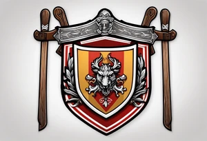 Swanson coat of arms on a shield with crossed skis behind the shield. tattoo idea