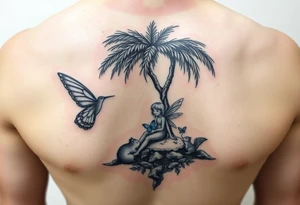 A blonde fairy sitting under a palm tree on an island with a blue butterfly, a hummingbird, and a squirrel tattoo idea