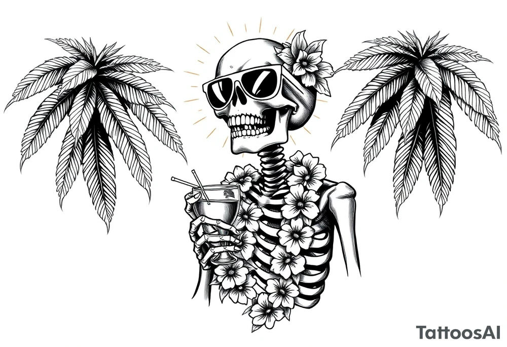 a skeleton in hawaii-outfit, palms, a cocktail,sun,sun-glasses. tattoo idea