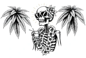 a skeleton in hawaii-outfit, palms, a cocktail,sun,sun-glasses. tattoo idea