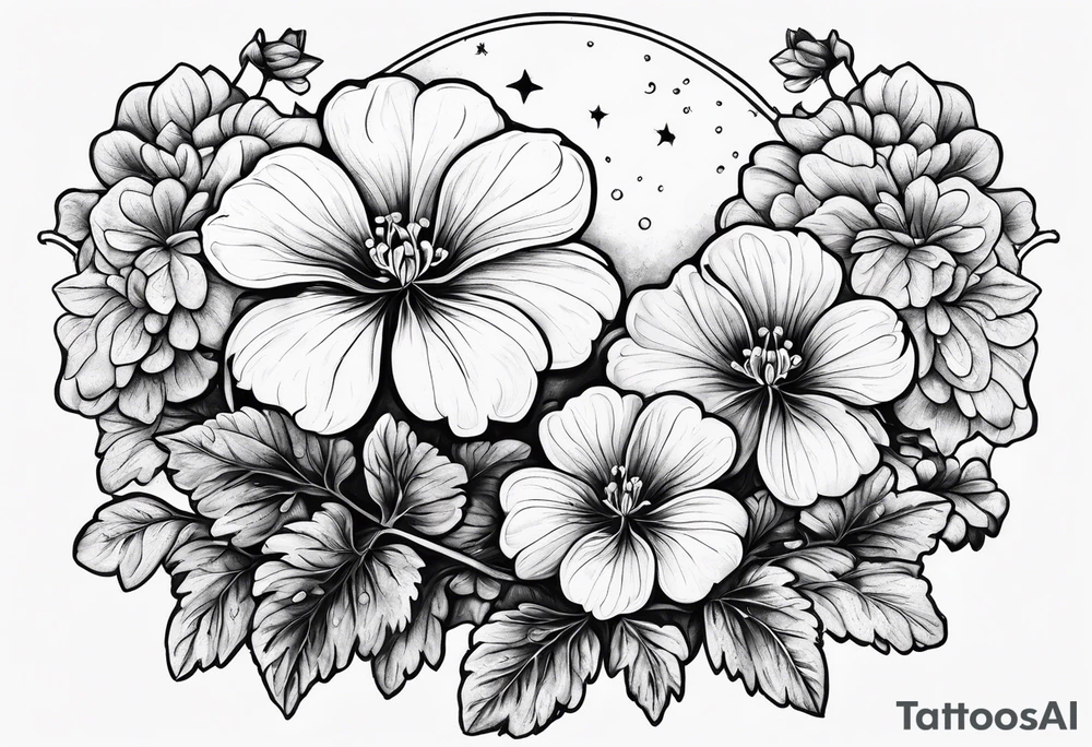 Geraniums as rain with a crescent moon behind tattoo idea