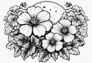 Geraniums as rain with a crescent moon behind tattoo idea
