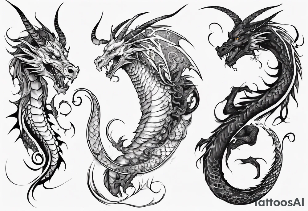 long dragon with horns, mane, scales tattoo idea