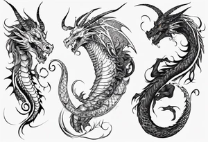long dragon with horns, mane, scales tattoo idea