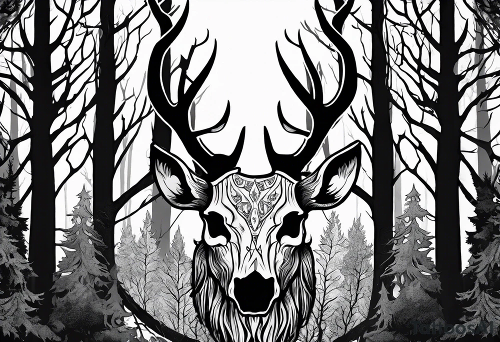 A spooky decaying deer skull lore accurate wendigo surrounded by a forest fire in background tattoo idea