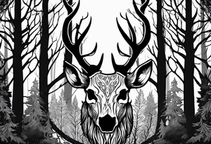 A spooky decaying deer skull lore accurate wendigo surrounded by a forest fire in background tattoo idea
