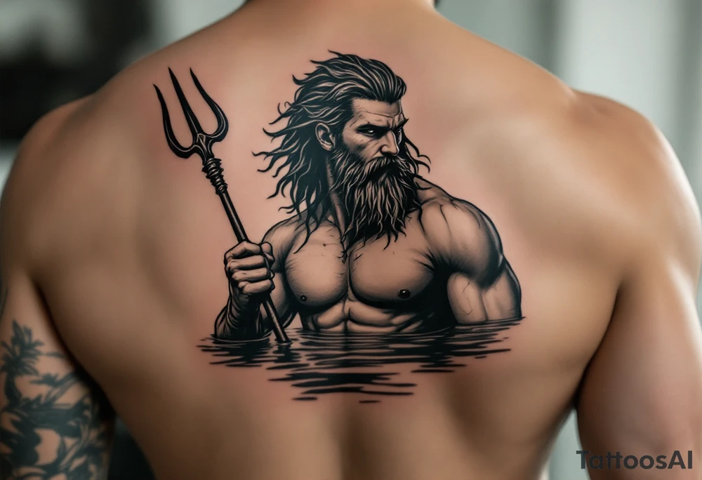 young, fit poseidon in calm water, holding a trident, drinking a beer, with foot on his bicep tattoo idea