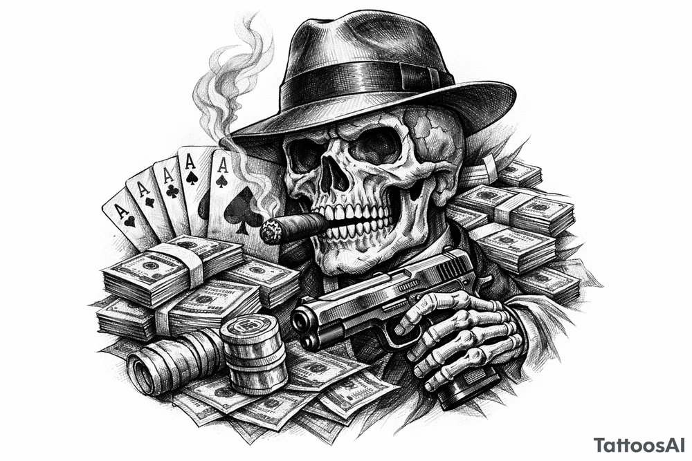 skull with gangster-hat,cigar in his mouth,gun in a hand,playing cards,a lot of money. tattoo idea