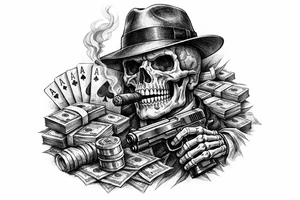 skull with gangster-hat,cigar in his mouth,gun in a hand,playing cards,a lot of money. tattoo idea