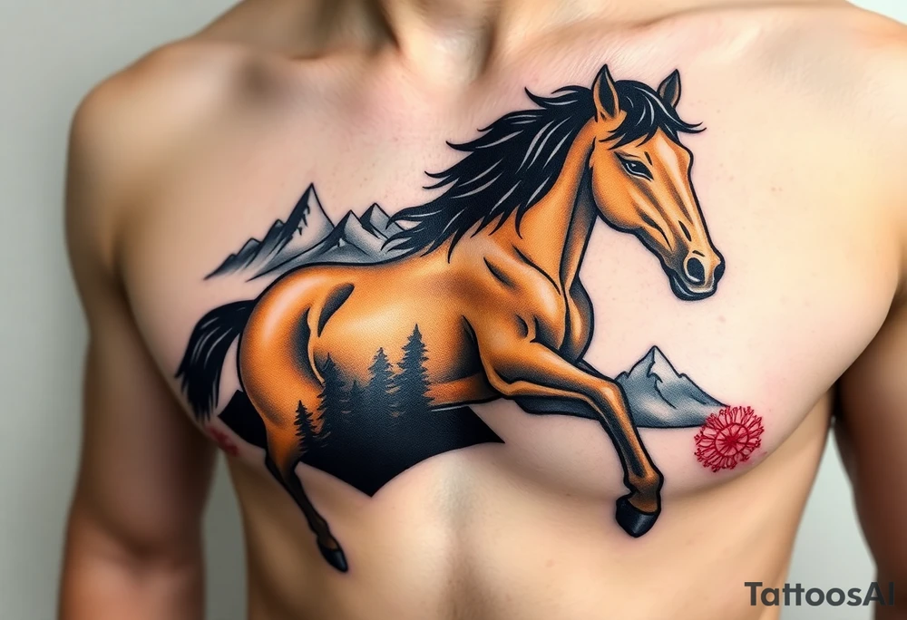A golden mustang horse with black mane and leg. The mountains and nature should frame the design, blending with the horse's black fur as a base to represent the landscape. Experiment with using the black fur to shape the mountains, playing with edges or interior details. tattoo idea