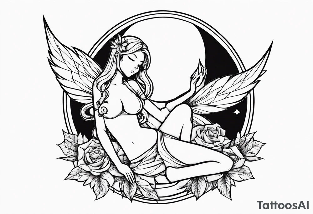 No color fairy with a tail inspired by the logo of the anime show called Fairy Tail in a fetal position leaning in and forward while sleeping tattoo idea