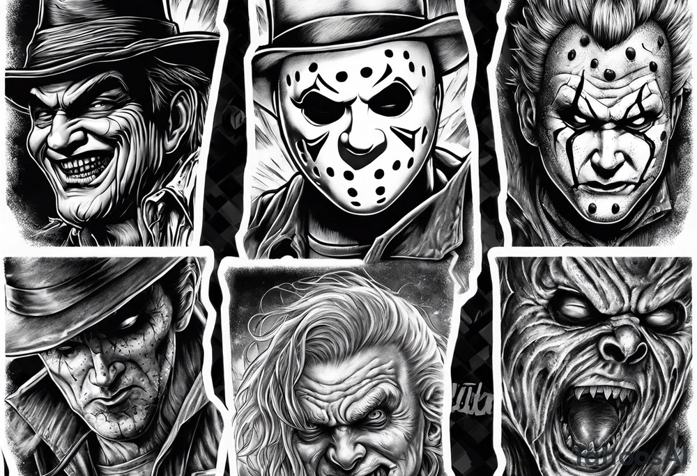 Horror sleeve with a noose, Freddy Kruger, Jason, chucky, and scream tattoo idea