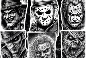 Horror sleeve with a noose, Freddy Kruger, Jason, chucky, and scream tattoo idea