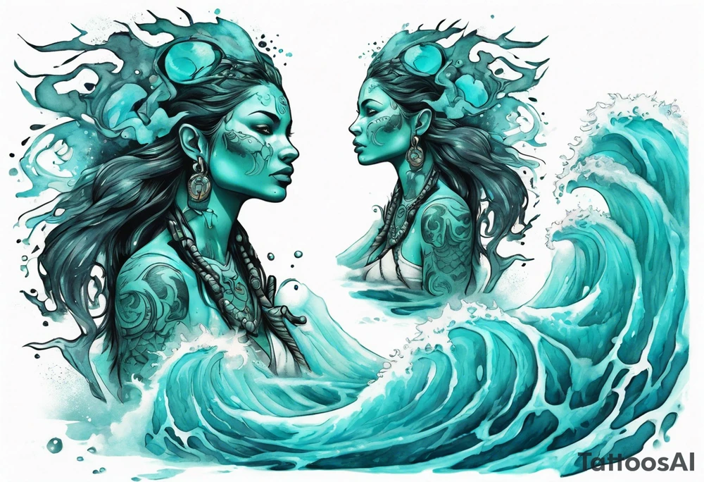 a turquoise Na'vi woman standing in the sea surrounded by crashing waves tattoo idea