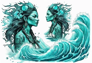 a turquoise Na'vi woman standing in the sea surrounded by crashing waves tattoo idea