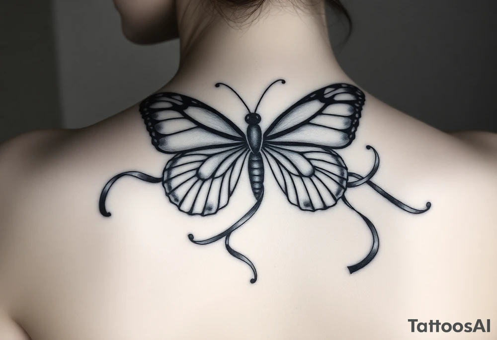 ethereal butterfly with flowing silk ribbons in moonlight tattoo idea