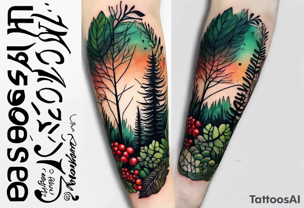 forest floor inspired minimalist tattoo, which includes grass, curly ferns, moss and dead leaves as the bulk of the tattoo. details to include: forest berries, a tiny bumblebee flying nearby, three small brown mushrooms
Generate a vertically long one tattoo idea