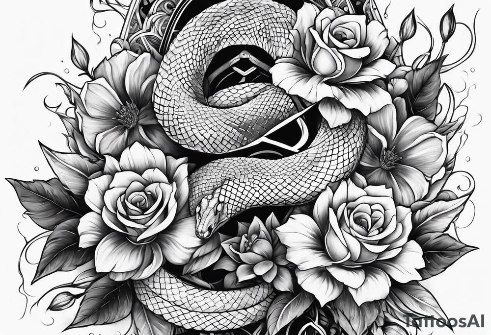 snake wrapped around a sword shattering into flower tattoo idea