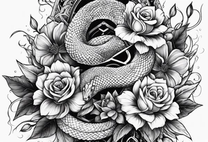 snake wrapped around a sword shattering into flower tattoo idea