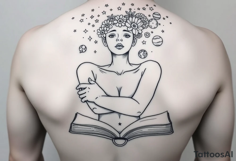 line art drawing of a womans torso coming from an open book. with stars, flowers and planets coming from her head above her nose with no facial features. her arms are crossed onto her shoulders like she is giving herself a hug, no breasts showing tattoo idea