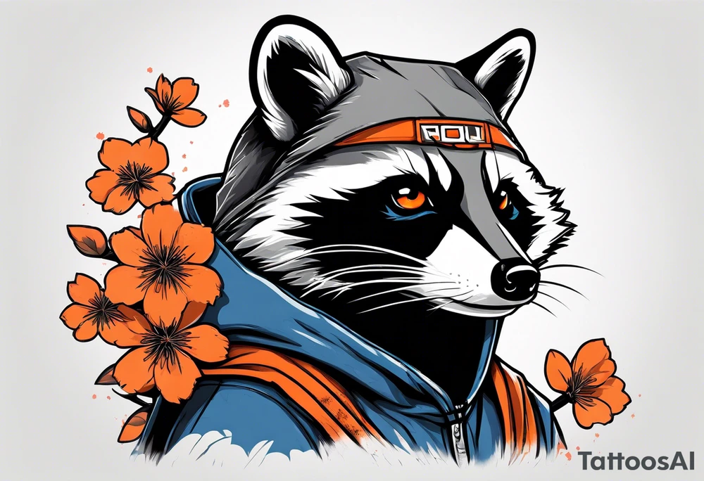 raccoon wearing a black and white Superman hoodie and orange Japanese cherry blossoms tattoo idea