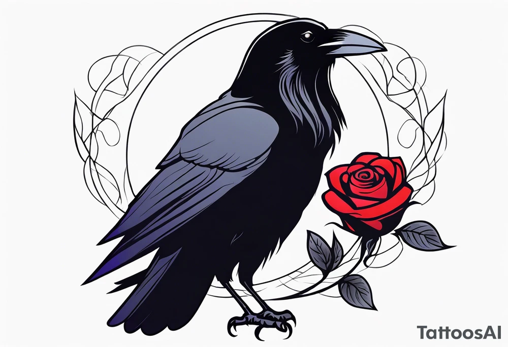 Raven facing forward with a rose underneath it tattoo idea