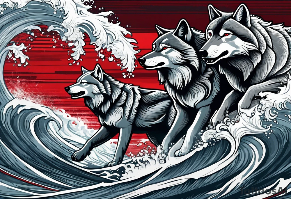 a pack of 3 howling muscular  gray wolves surfing waves with a linear background with red, white and black and gray tattoo idea