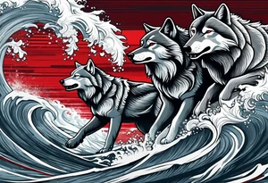 a pack of 3 howling muscular  gray wolves surfing waves with a linear background with red, white and black and gray tattoo idea