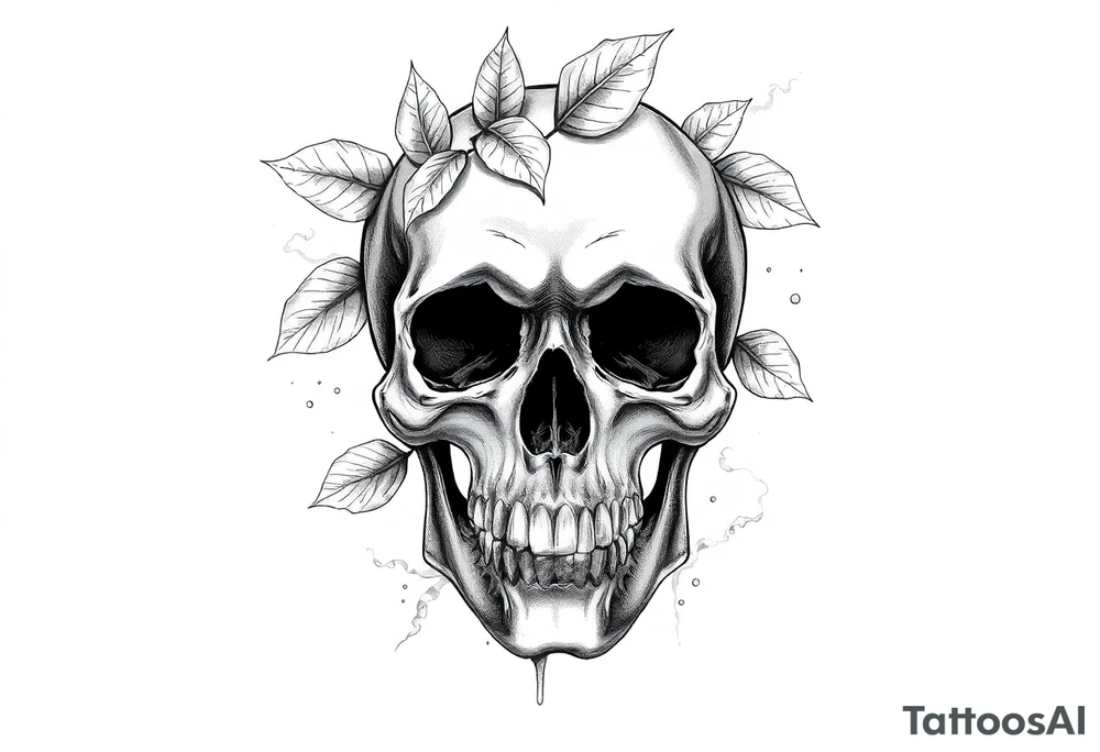 A skull seen from the front with leaves passing through it, smoke, and an effect on the skull as if it were crumbling. tattoo idea