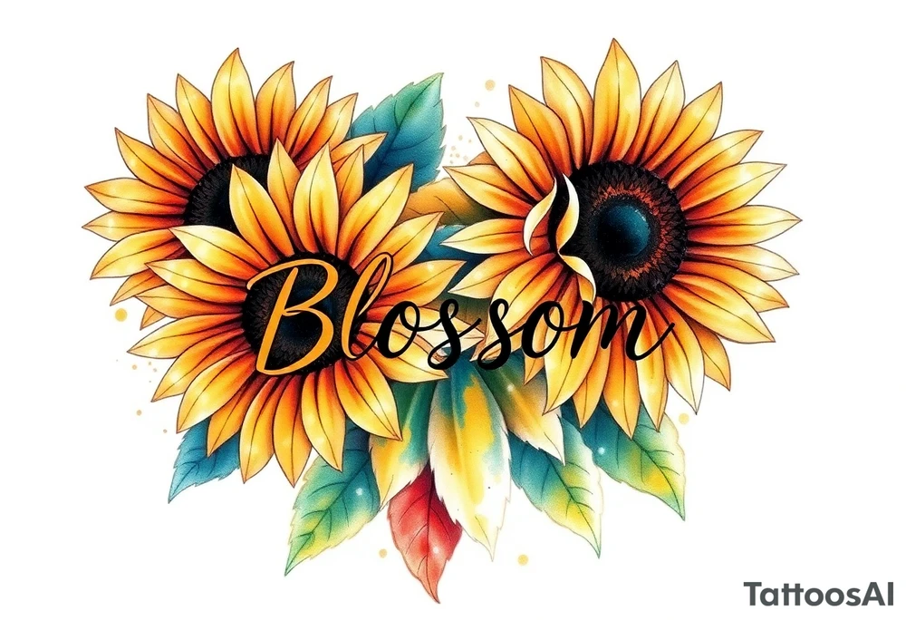 Sunflowers with “Blossom” written through the middle of them tattoo idea