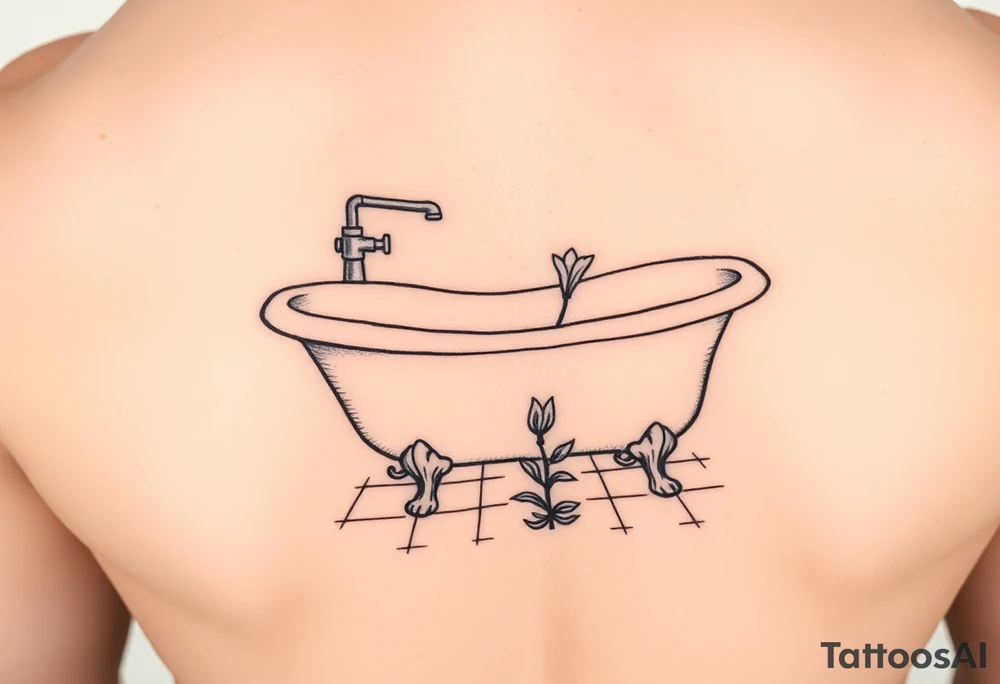 clawfoot bathtub with simple faucet and lily coming up out of the tile floor tattoo idea