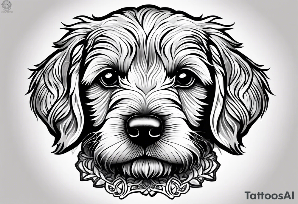 A cockapoo puppy’s head, facing straight and eyes soulful tattoo idea