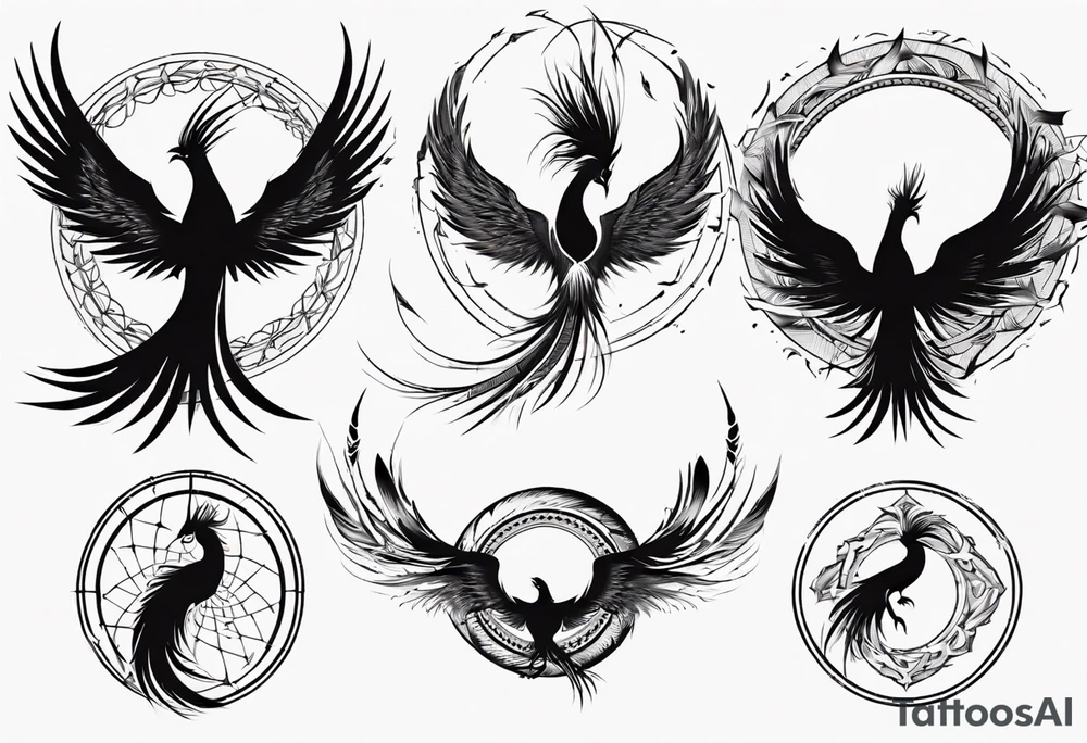 Vertical open mouthed flying Phoenix in circle with long abstract dream catcher feather tail tattoo idea